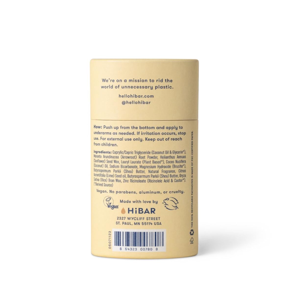 HIBAR packaging highlights plant-based ingredients like shea butter and rice bran in a recyclable tube.