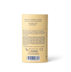 HIBAR packaging highlights plant-based ingredients like shea butter and rice bran in a recyclable tube.