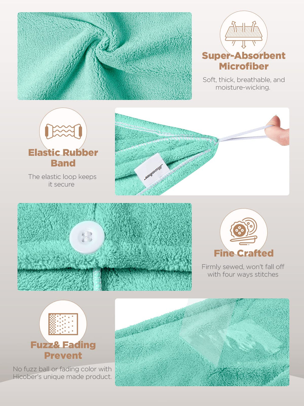 Turbante Hicober de microfibra gris para controlar el encrespamiento durante el secado.