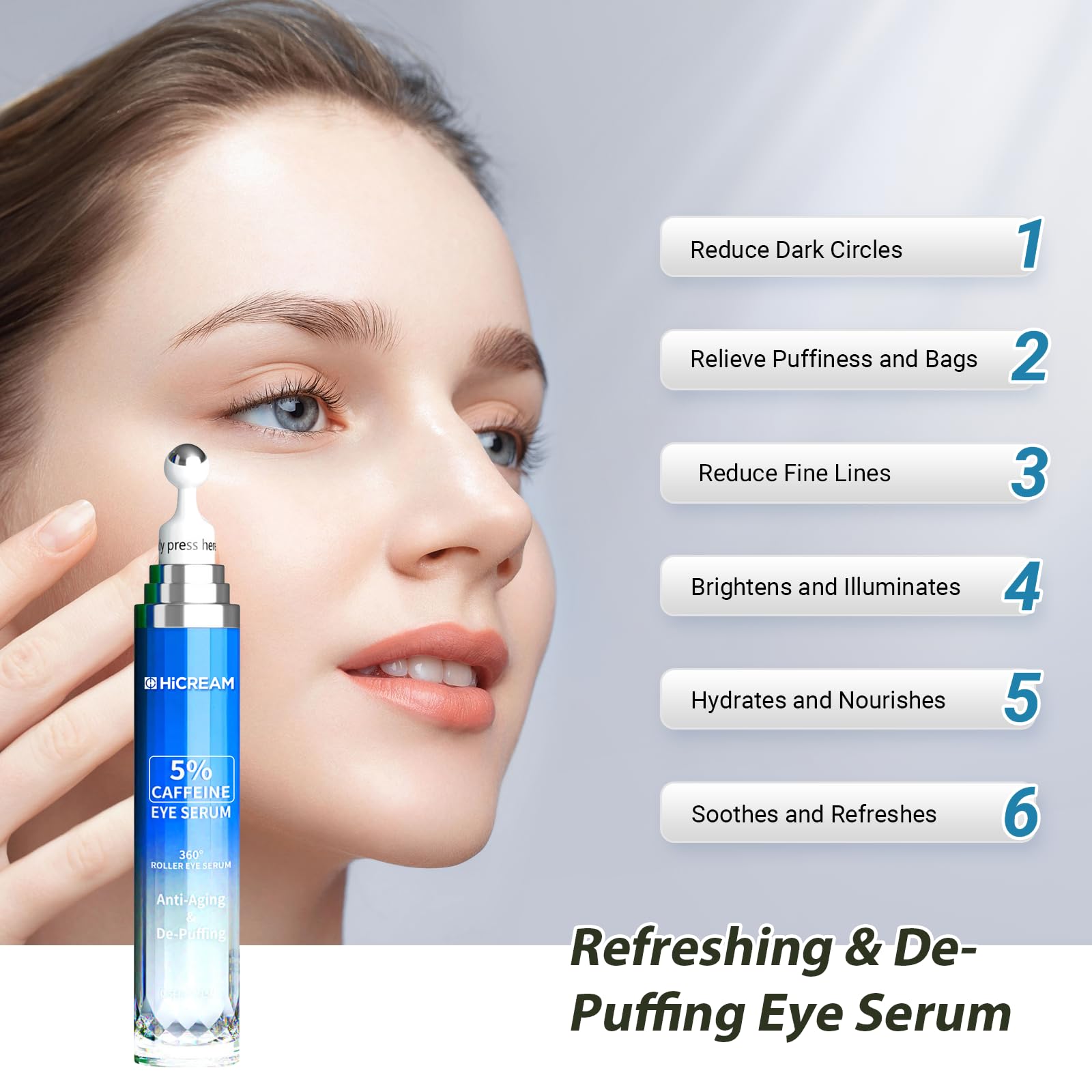 Hicream Hyaluronic Acid serum application for smooth, hydrated under-eye skin.