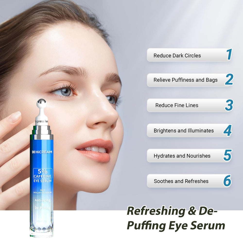 Hicream Hyaluronic Acid serum application for smooth, hydrated under-eye skin.