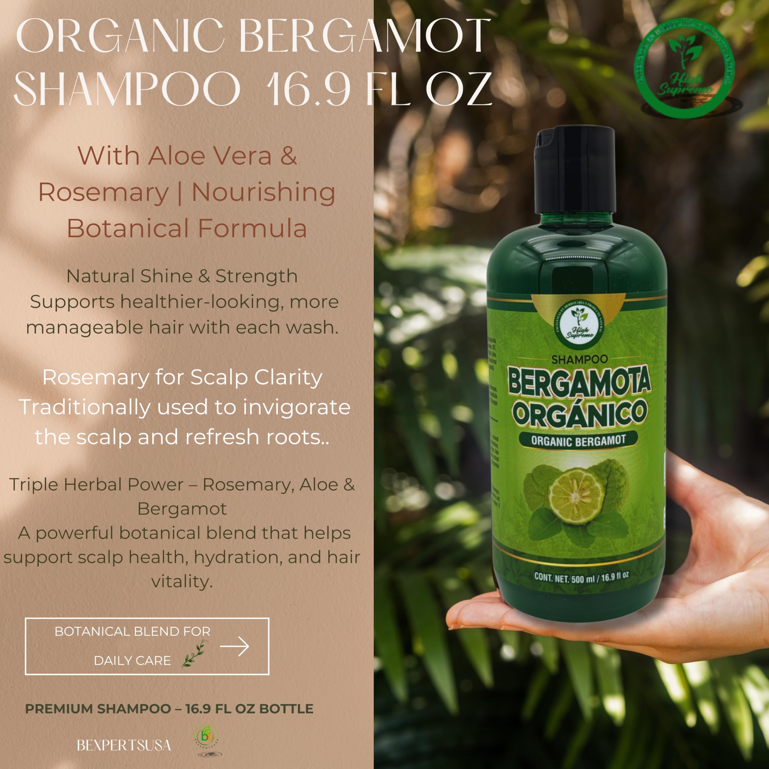 HIGH SUPREME Shampoo Bergamota Orgánico con Aloe: ingredientes naturales para hidratación suave.