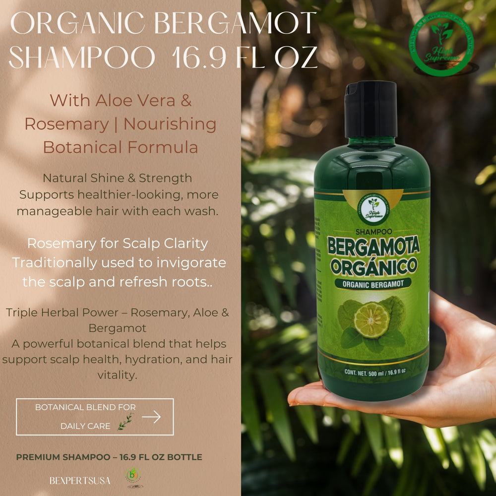 HIGH SUPREME Shampoo Bergamota Orgánico con Aloe: ingredientes naturales para hidratación suave.
