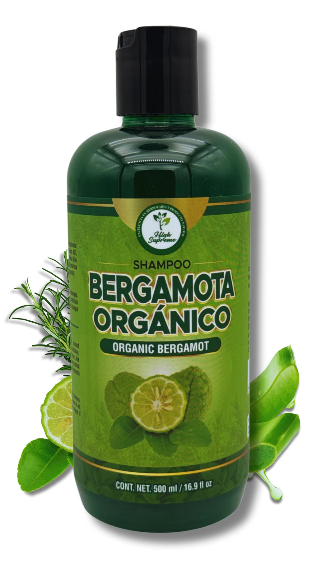 HIGH SUPREME Shampoo Bergamota Orgánico: frasco con etiqueta fresca para cabello suave.