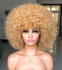 Peluca HIHOO afro corto con franja rubio, look natural y ligero para el día