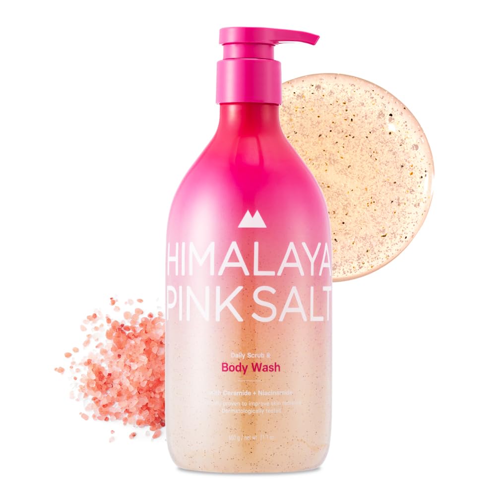 Himalaya Pinksalt Daily Scrub & Body Wash, bouteille exposée, exfolie en douceur et hydrate intensément.