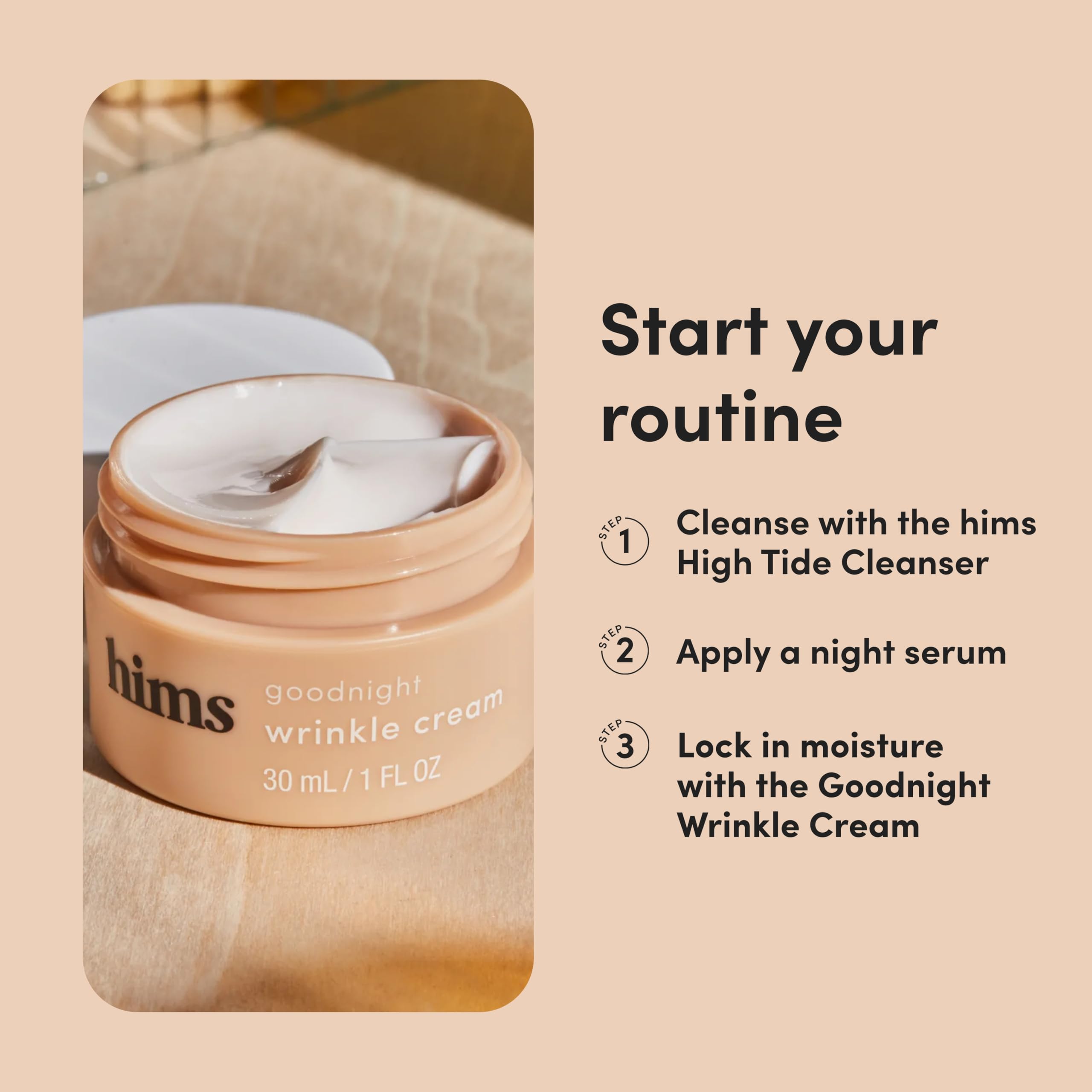 hims Goodnight Wrinkle Cream cafeína, revitaliza la piel cansada al despertar.