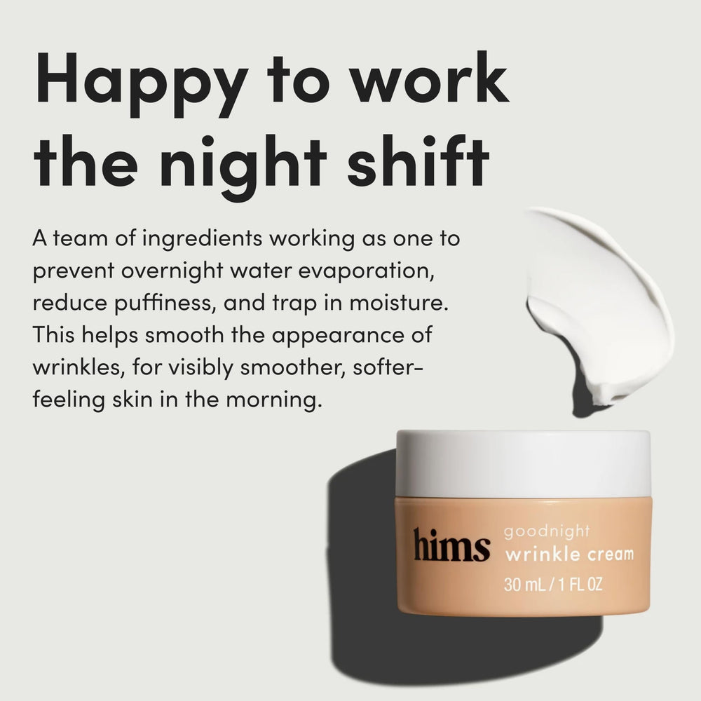 hims Goodnight Wrinkle Cream con ácido hialurónico, hidratación profunda durante la noche.
