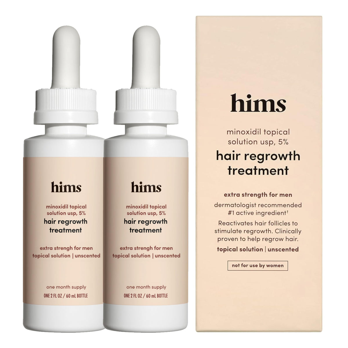 hims & hers traitement régénération capillaire: bouteille minoxidil 5% pour hommes, soutien potentiel à la repousse.