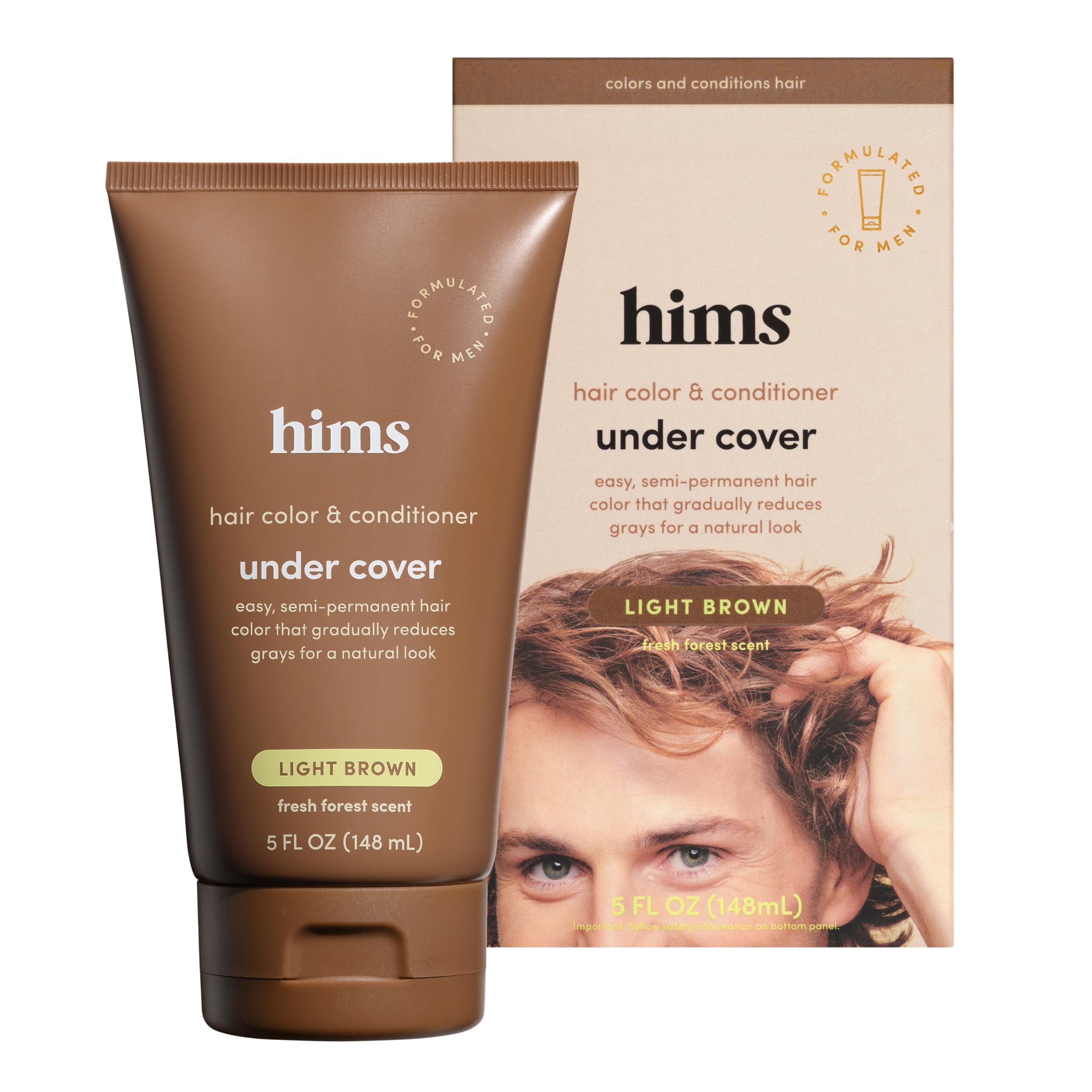 Hims & Hers Under Cover frasco color cabello marrón claro; coloración suave y acondicionamiento.