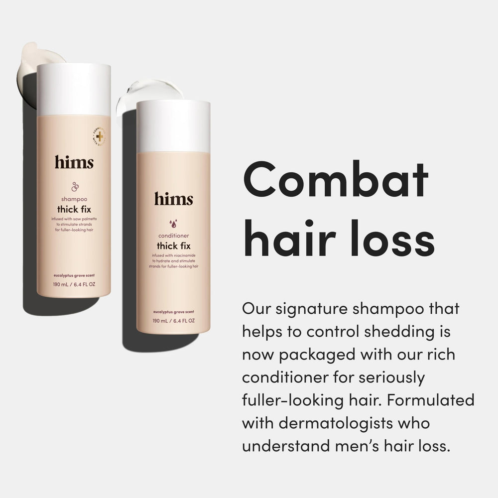 Hims Thick Fix conditioner bottle front delivering moisture for softer, fuller-looking hair.