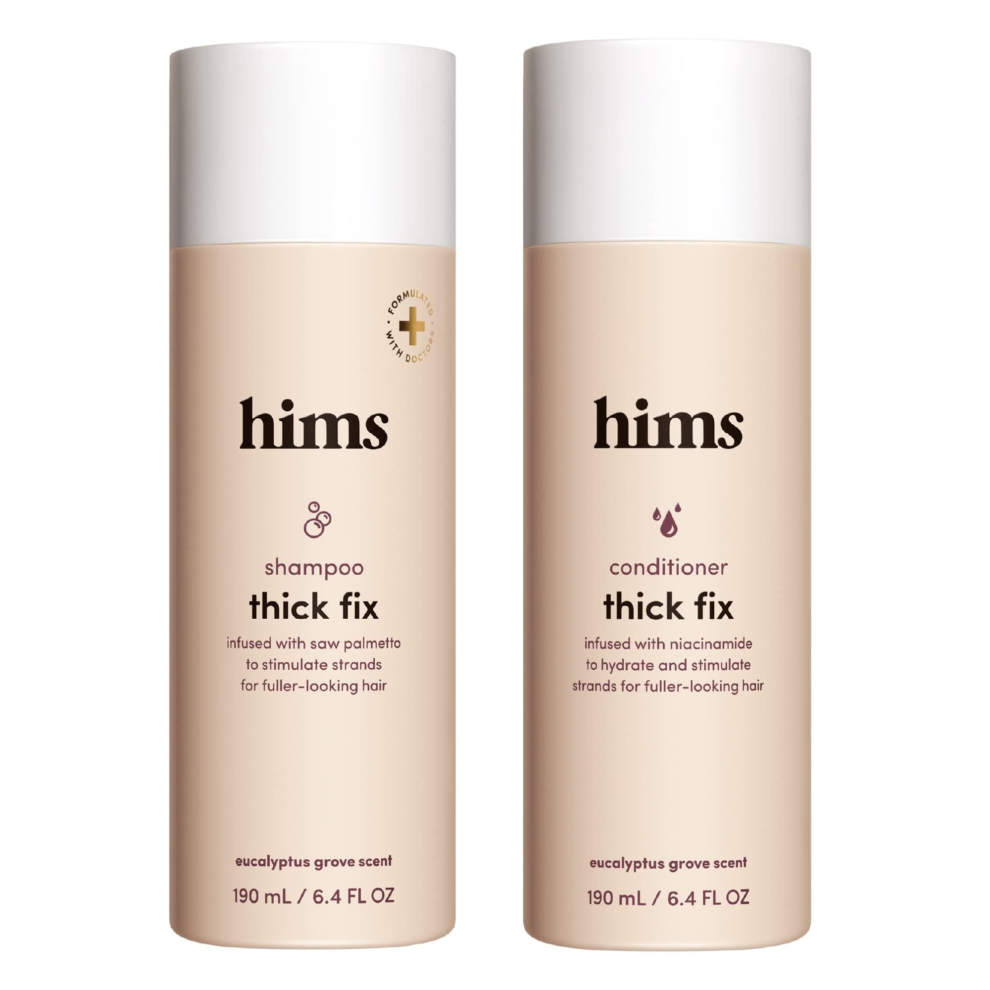 Hims Thick Fix shampoo bottle front with eucalyptus scent for refreshed scalp cleansing.