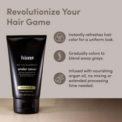Hims Under Cover Rich Black primer plano de cabello con cobertura de canas.