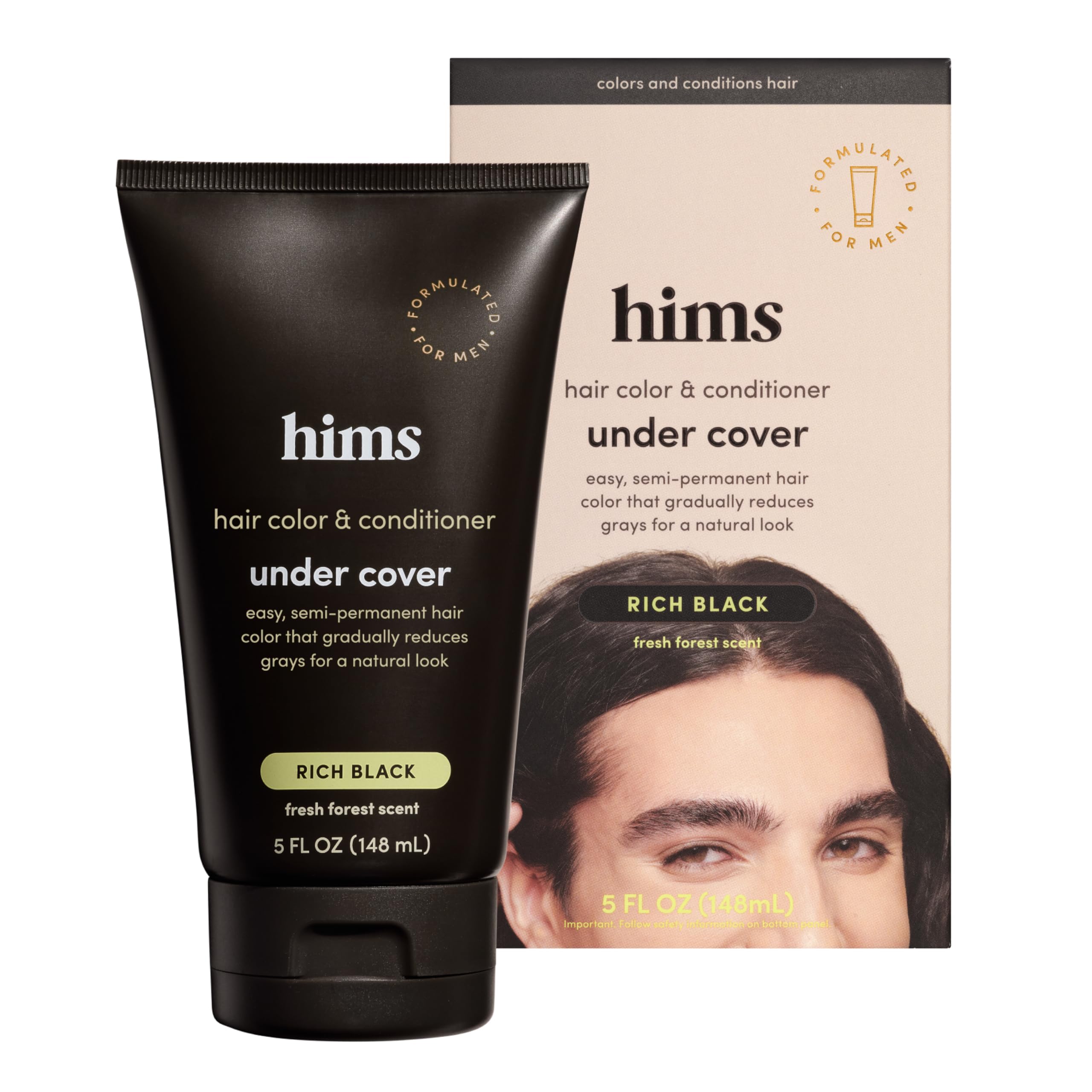 Hims Under Cover Rich Black botella mostrando cobertura suave de canas.