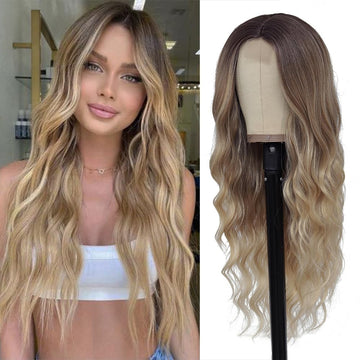 Peluca HMHIFI largo ombré blonde con parte media para un look natural y versátil.