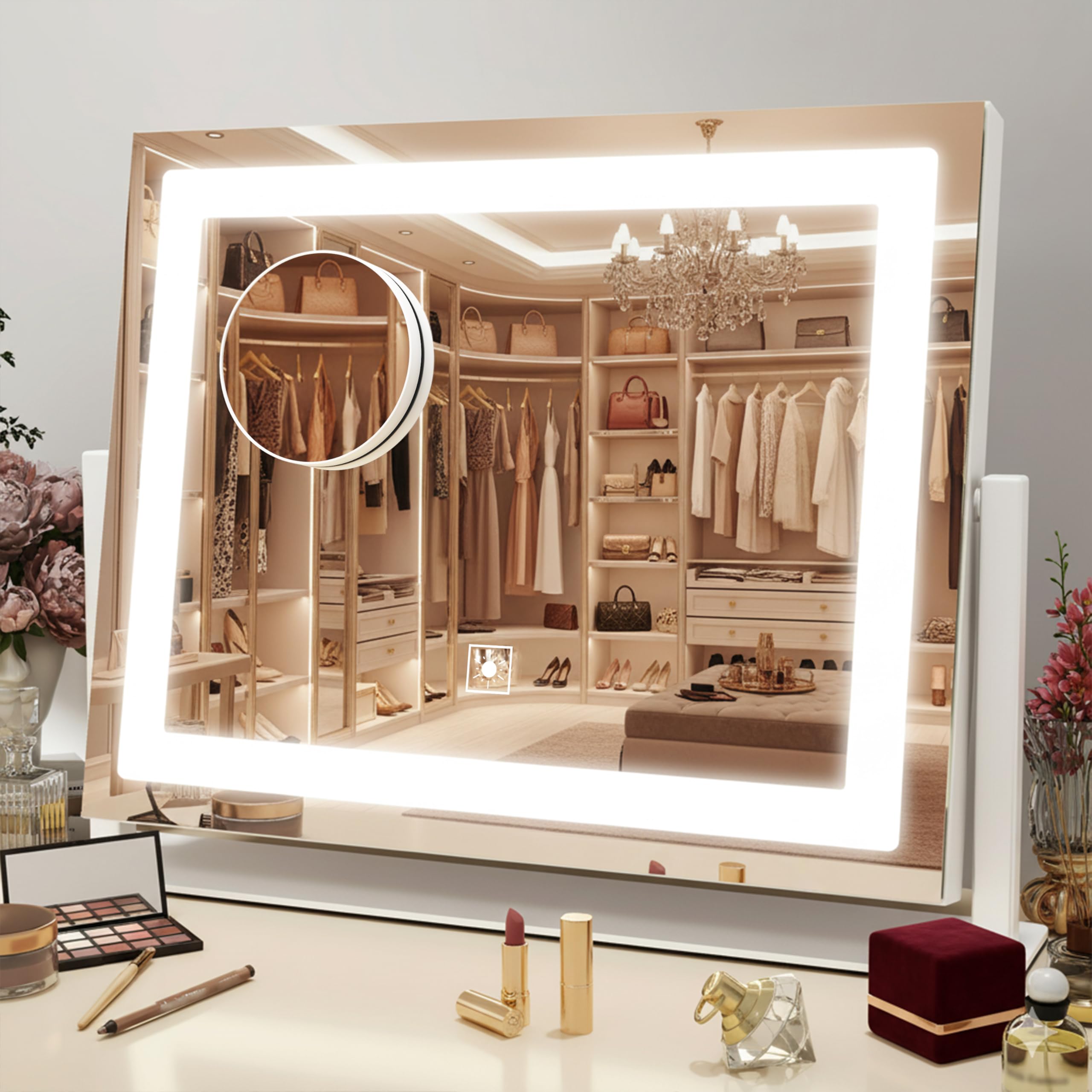Miroir HNV avec éclairage Hollywood et cadre arrondi, reflet optimal.