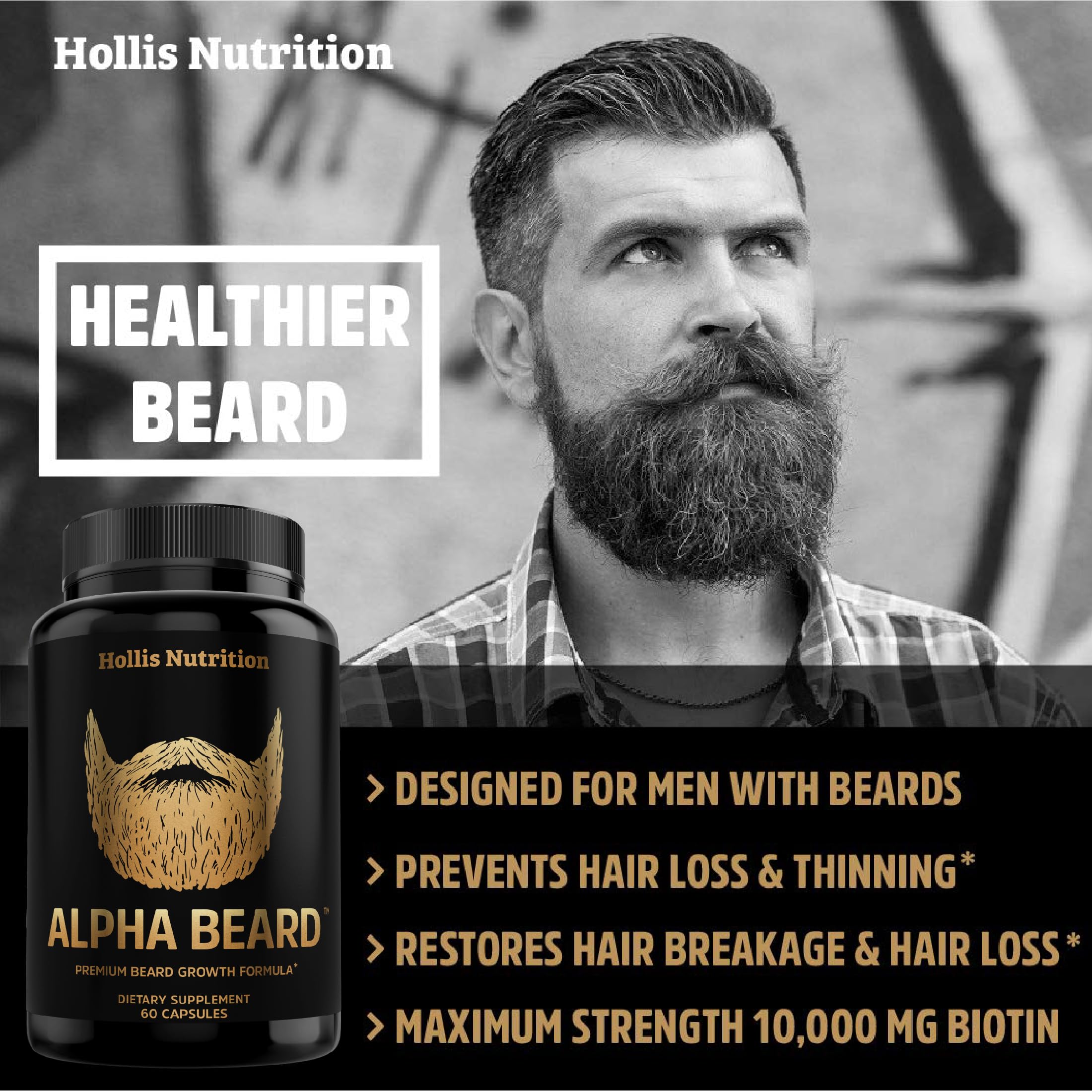 Hollis Alpha Beard Growth etiqueta detallada, biotina y nutrientes para barba.