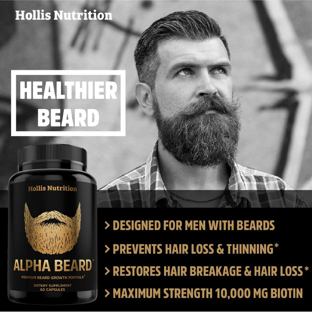Hollis Alpha Beard Growth etiqueta detallada, biotina y nutrientes para barba.