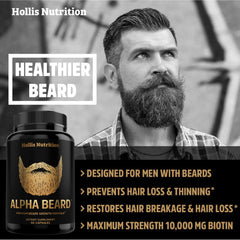 Hollis Alpha Beard Growth etiqueta detallada, biotina y nutrientes para barba.