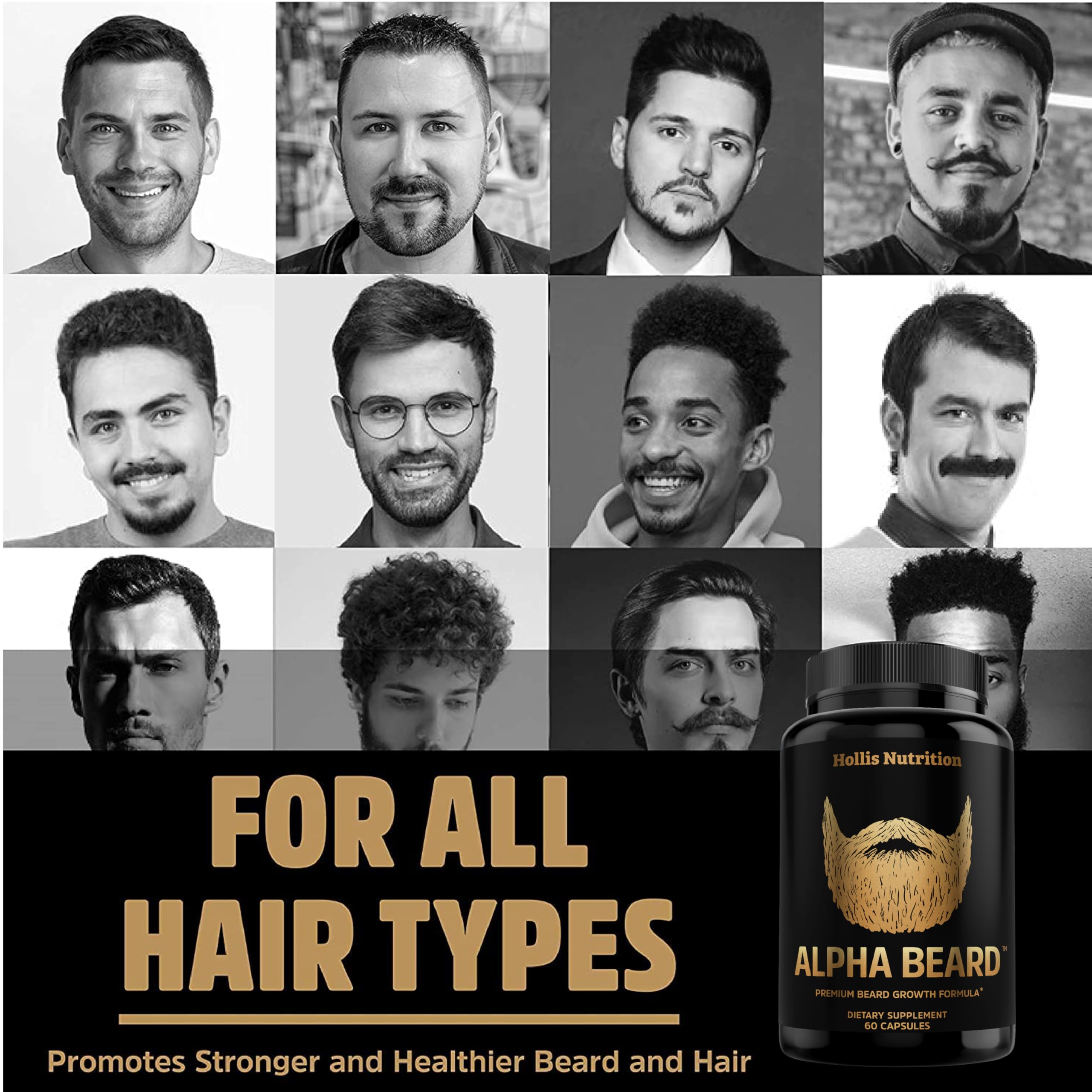 Hollis Alpha Beard Growth empaque frontal, suplemento premium para cuidado facial.