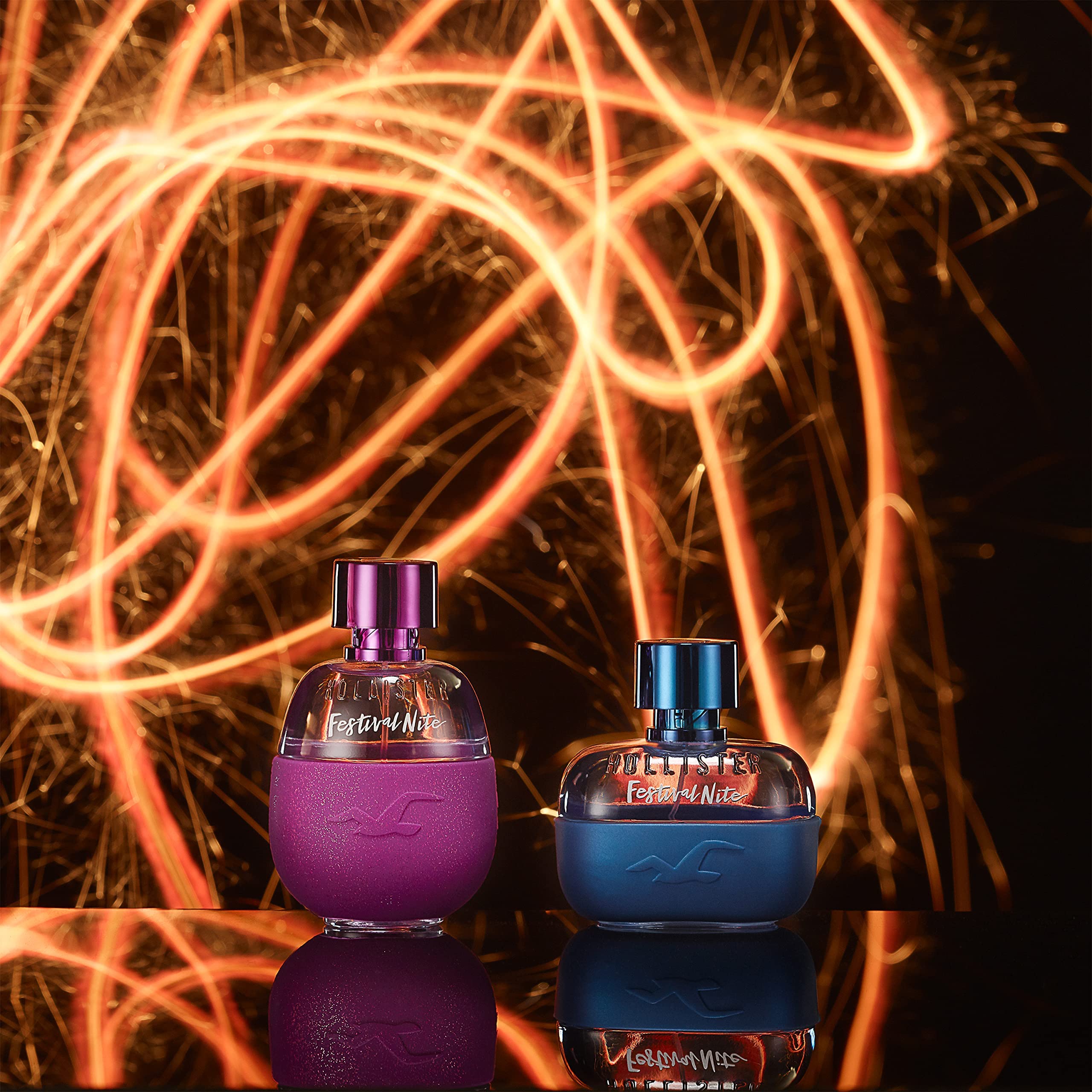 Hollister Festival Nite EDT, etiqueta frontal, diseño moderno para eventos nocturnos.