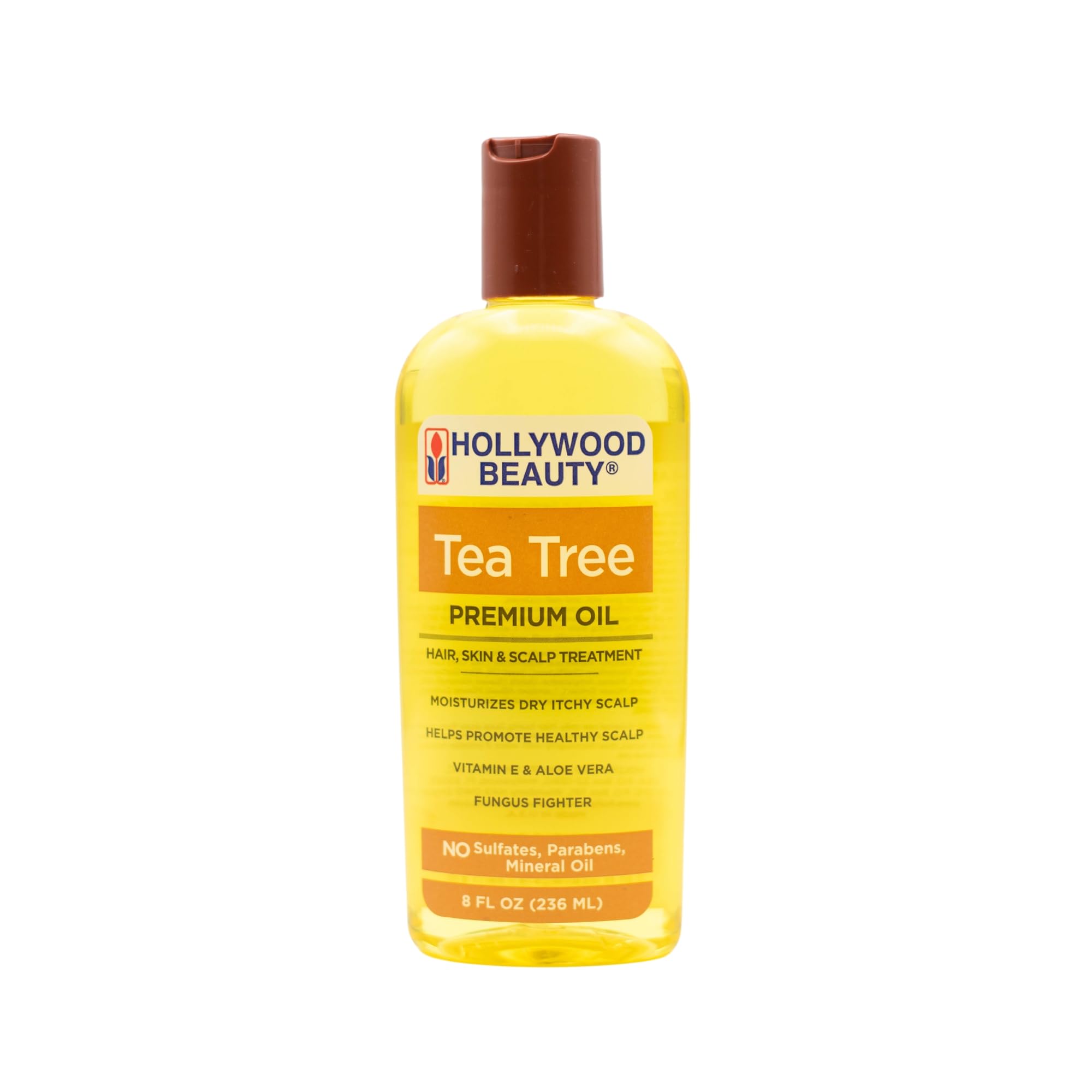 Hollywood Beauty Tea Tree Oil, botella, uso versátil para cabello, cuero cabelludo y piel.