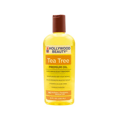 Hollywood Beauty Tea Tree Oil, botella, uso versátil para cabello, cuero cabelludo y piel.