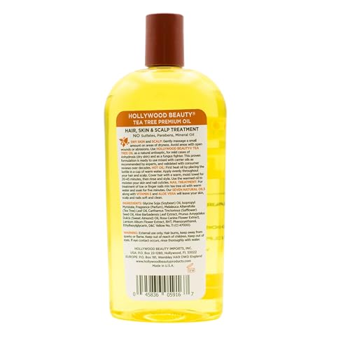 Hollywood Beauty Tea Tree Oil, masaje en cuero cabelludo para cuidado de cabello.