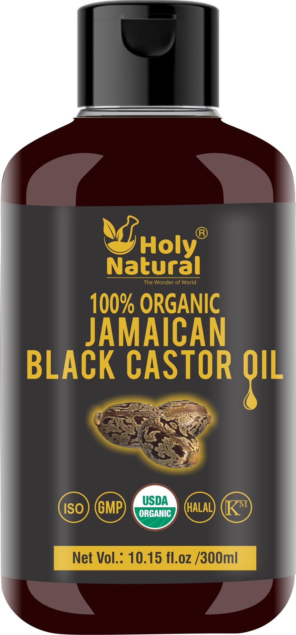 Holy Natural Aceite negro de ricino jamaicano: botella elegante para cuidado capilar natural.