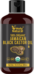 Holy Natural Aceite negro de ricino jamaicano: botella elegante para cuidado capilar natural.