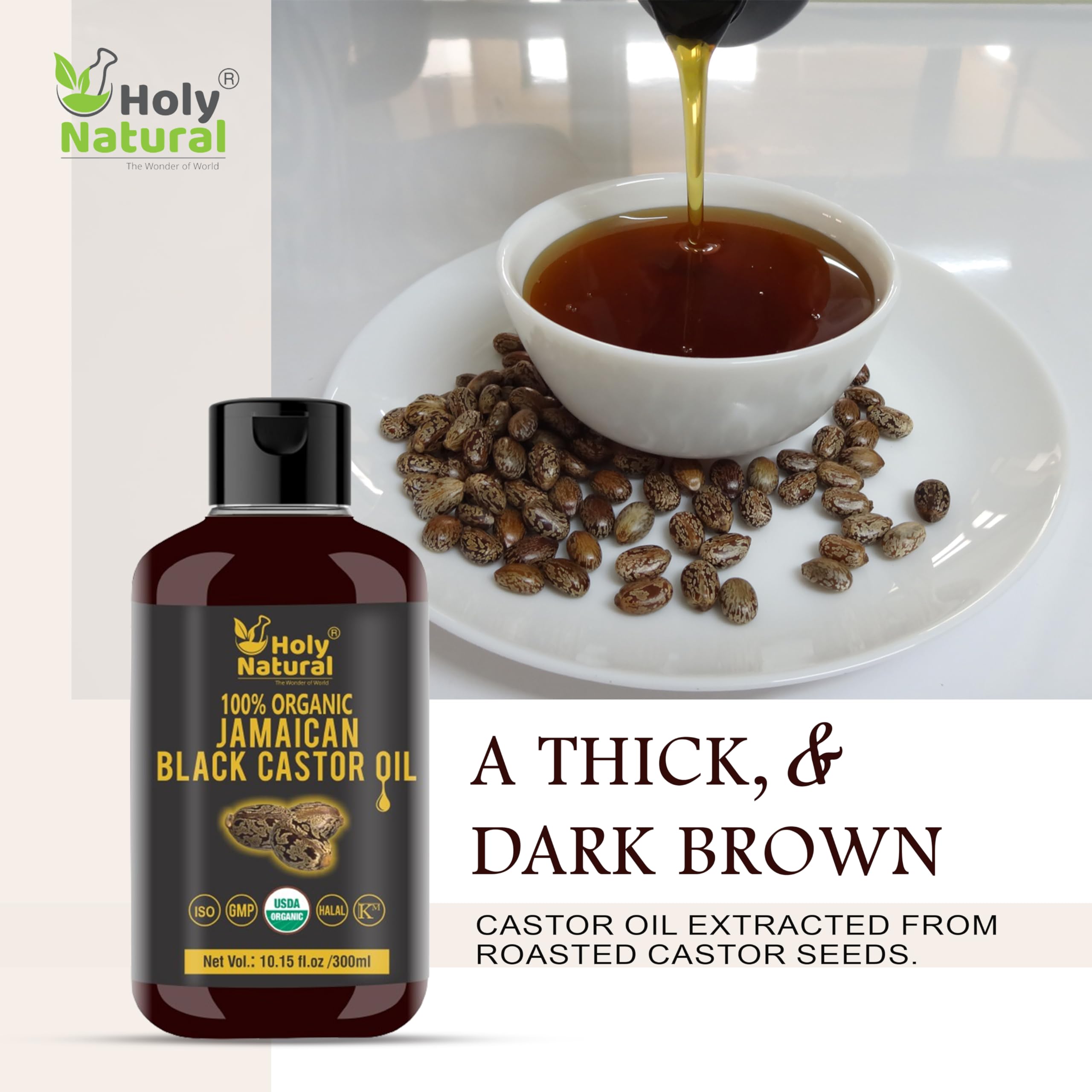 Holy Natural Aceite negro de ricino jamaicano: textura oscura ideal para hidratación profunda.