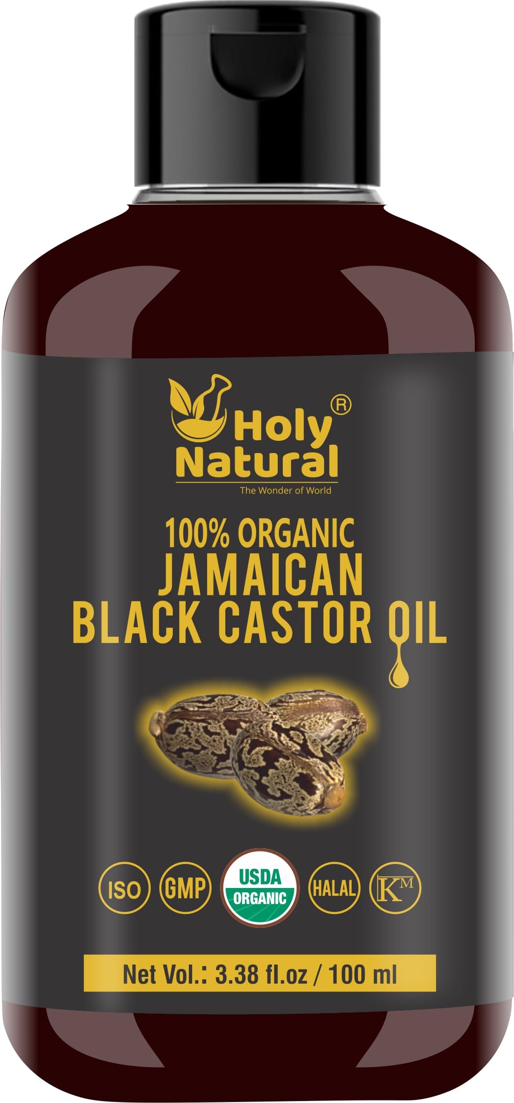 Holy Natural: frasco de aceite de ricino negro jamaicano para cuidado capilar diario.