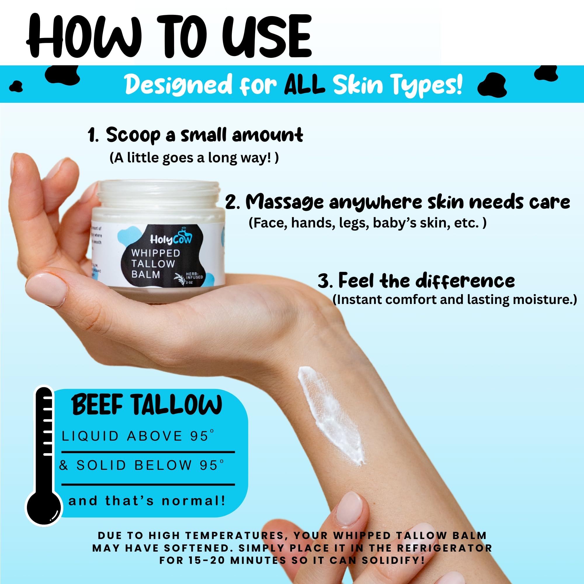 HolyCow sebo de res: aplicación facial suave y reparadora.