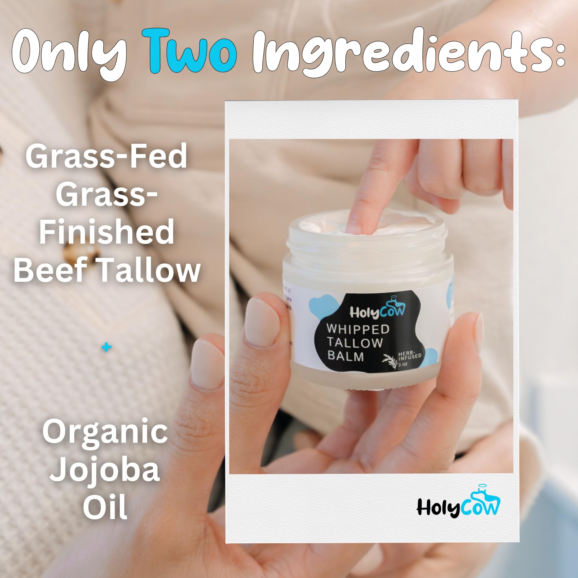 HolyCow sebo de res: envase con ingredientes de jojoba orgánica.