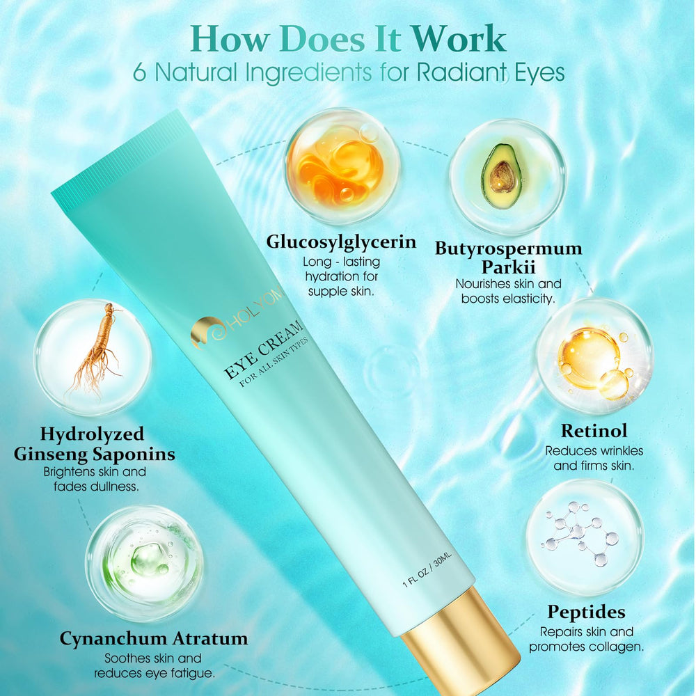 HOLYOM Crema Ojos: envase de 1 oz para uso práctico.