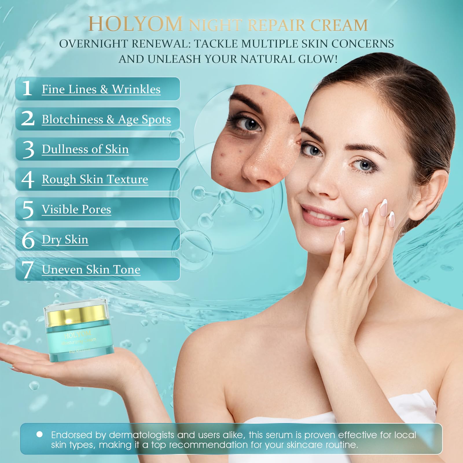 HOLYOM Restorative Night Cream tube packaging ideal for nightly skincare routine.
