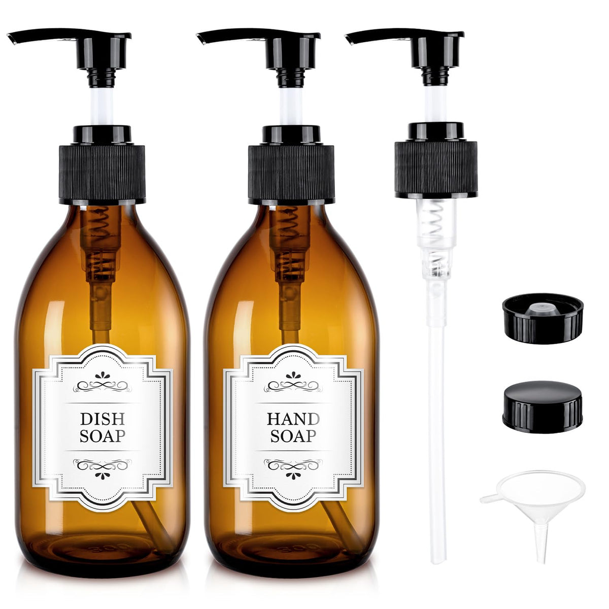 Botella HomePicker de vidrio ámbar 250 ml con bomba para aceites.