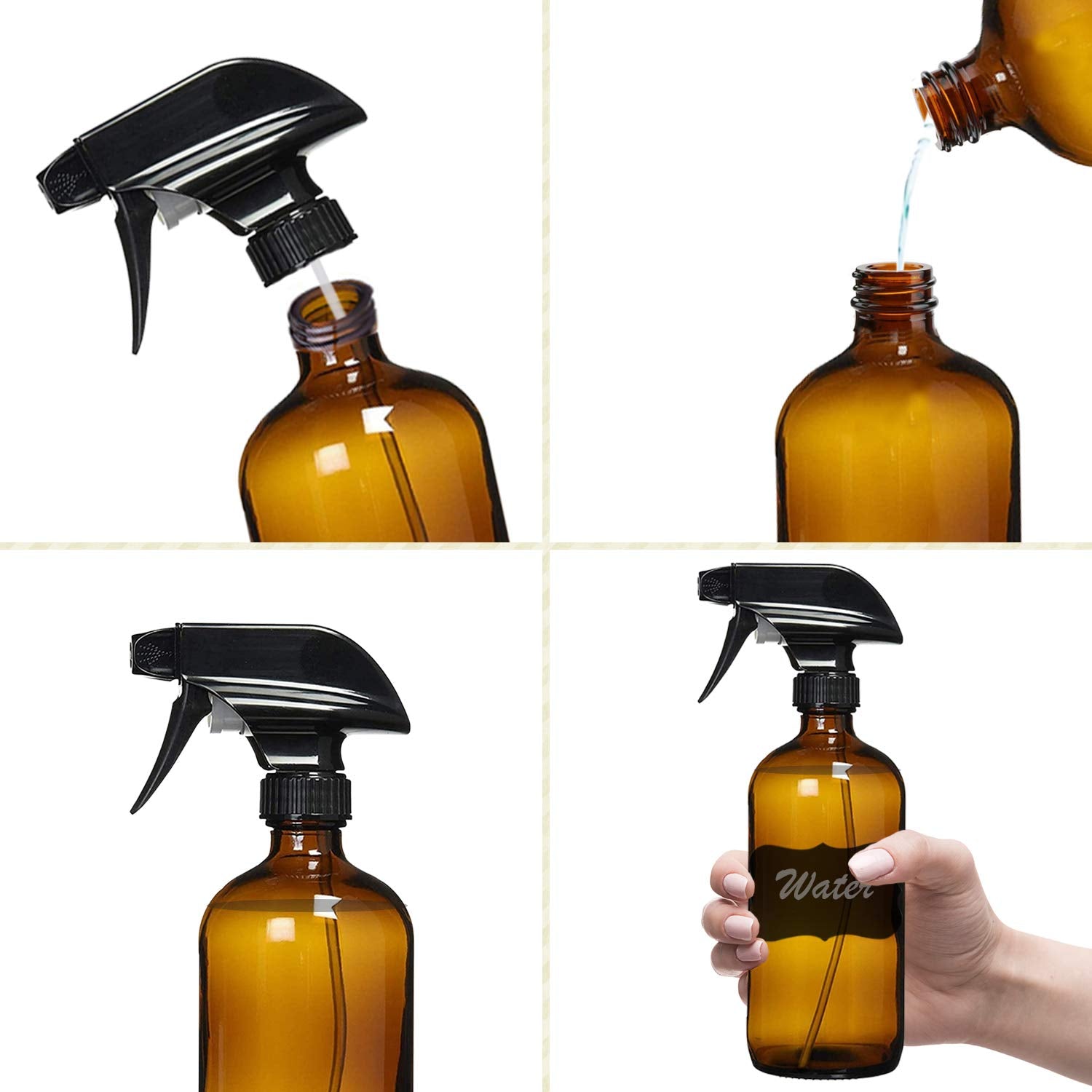 Capacidad de 16 onzas en botellas de vidrio ámbar para soluciones cotidianas.