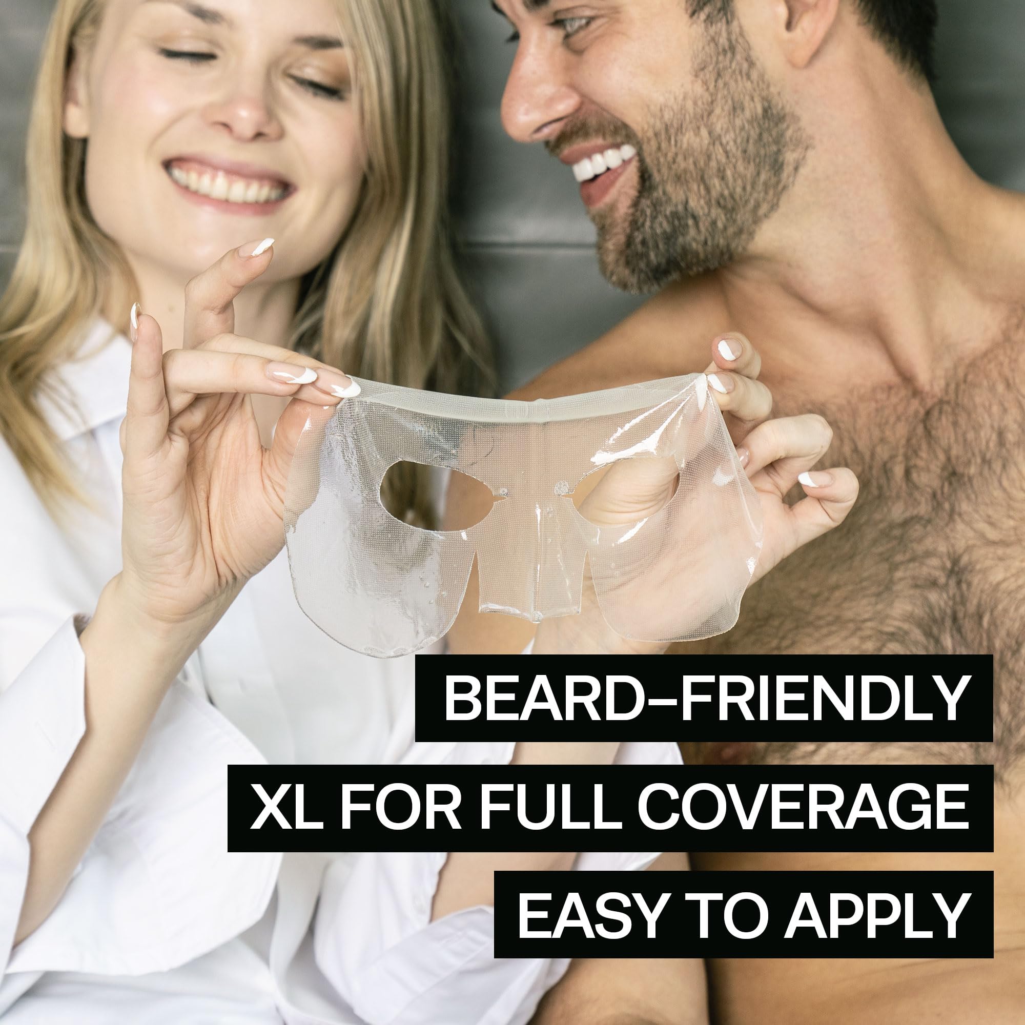Mascarilla hidrogel de HommeFace se adapta a barba para uso cómodo.