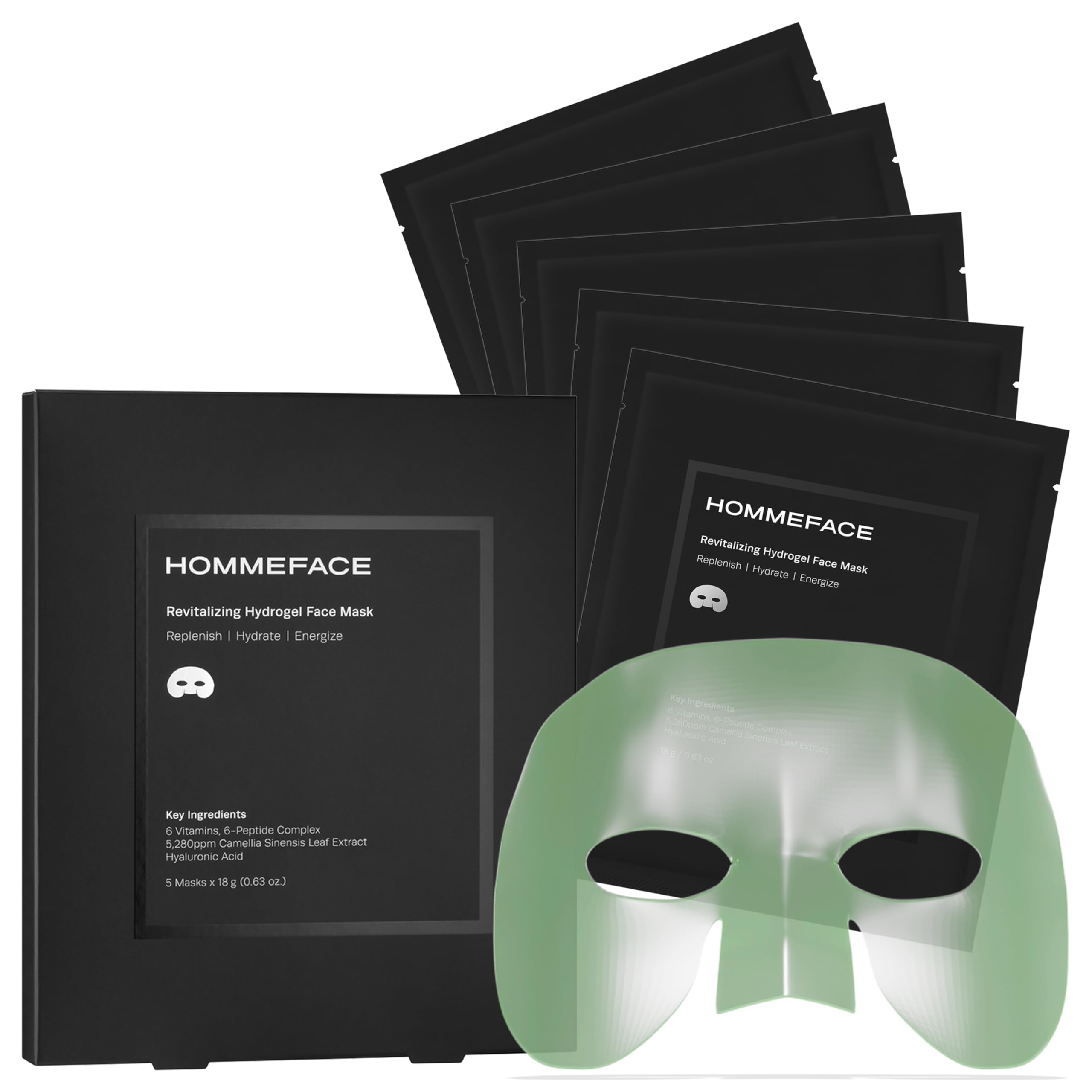 Mascarilla hidrogel de HommeFace en empaque, lista para hidratación profunda.