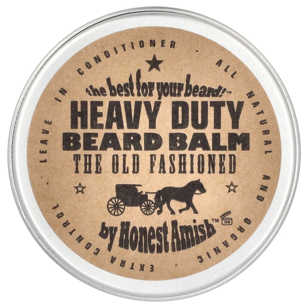 Bálsamo Honest Amish para barba en lata de 2 oz suaviza y acondiciona.