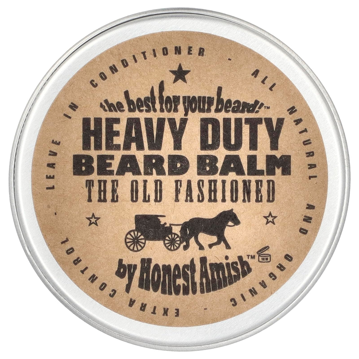 Bálsamo Honest Amish para barba en lata de 2 oz suaviza y acondiciona.