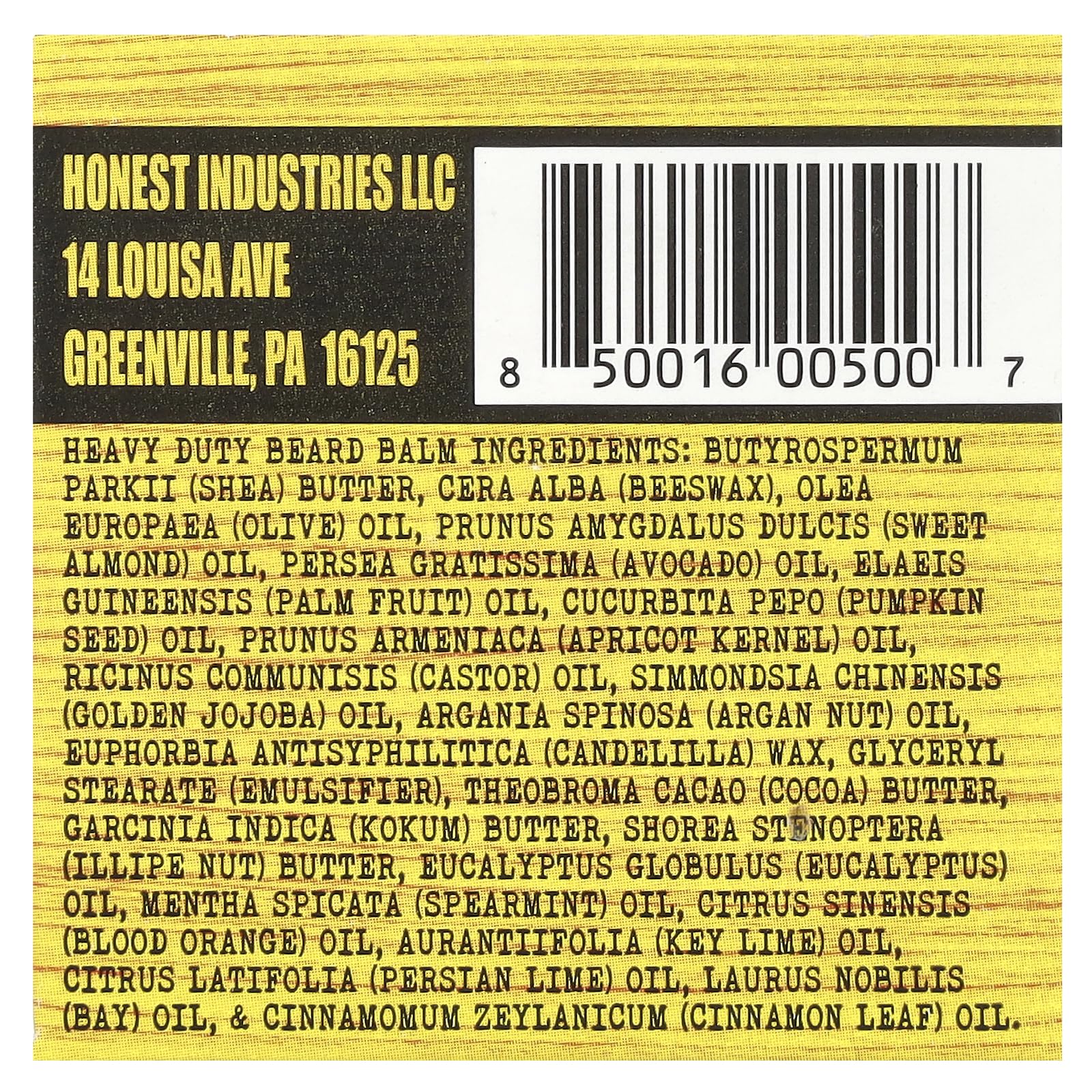 Ingredientes naturales y orgánicos en el bálsamo Honest Amish para barba.