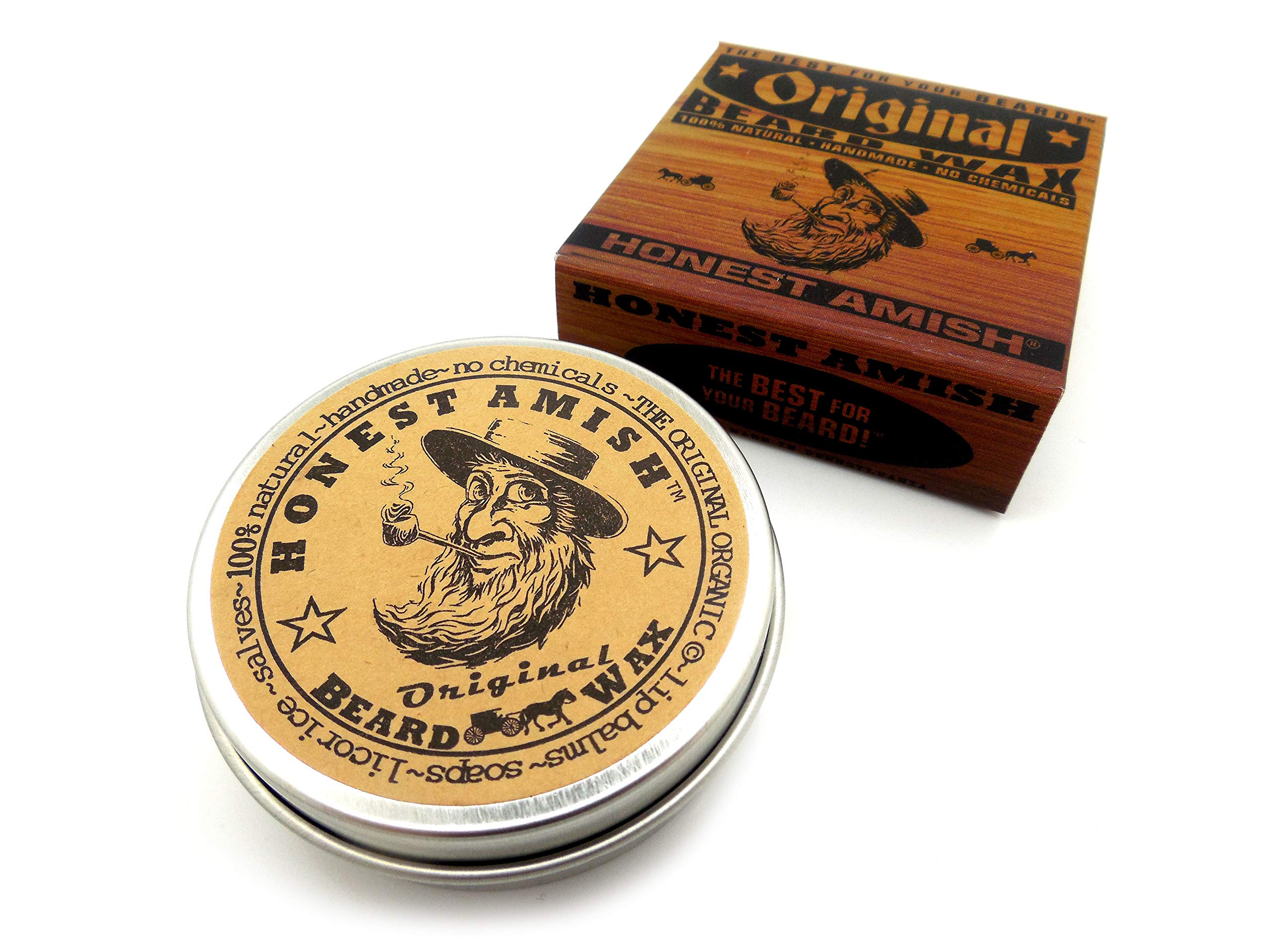 Honest Amish Original Beard Wax container close-up showing creamy texture.