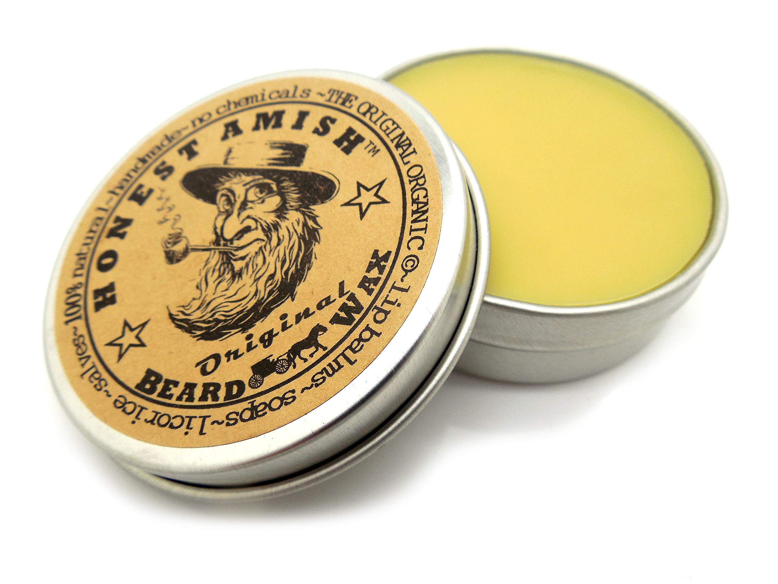 Honest Amish Original Beard Wax in use, hands shaping a neat beard.