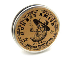 Honest Amish Original Beard Wax label and ingredients close-up for natural care.
