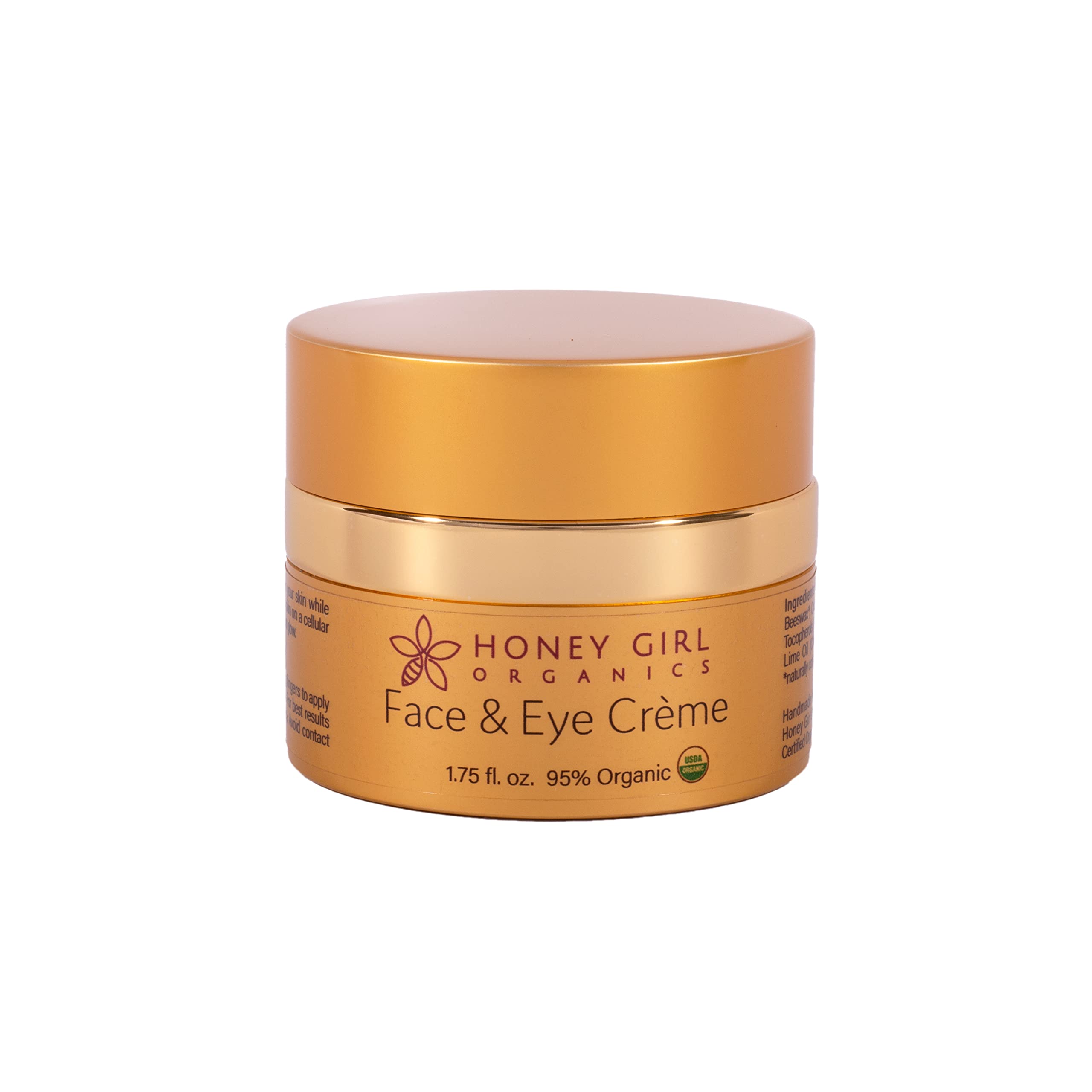 Crema facial y ojos de Honey Girl Organics en frasco, hidratación suave para piel sensible.