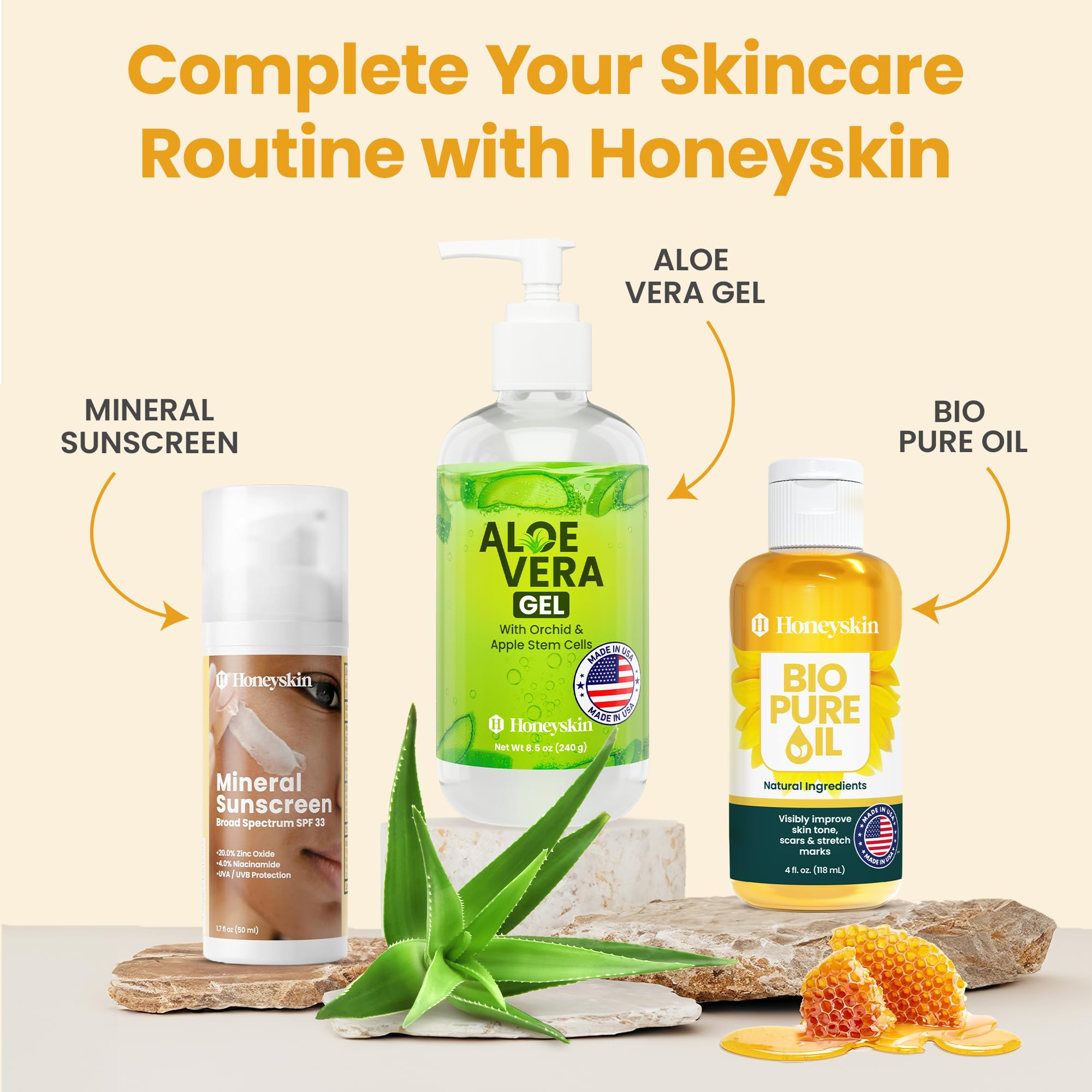Emballage Honeyskin fabriqué aux États-Unis, sans produits agressifs.