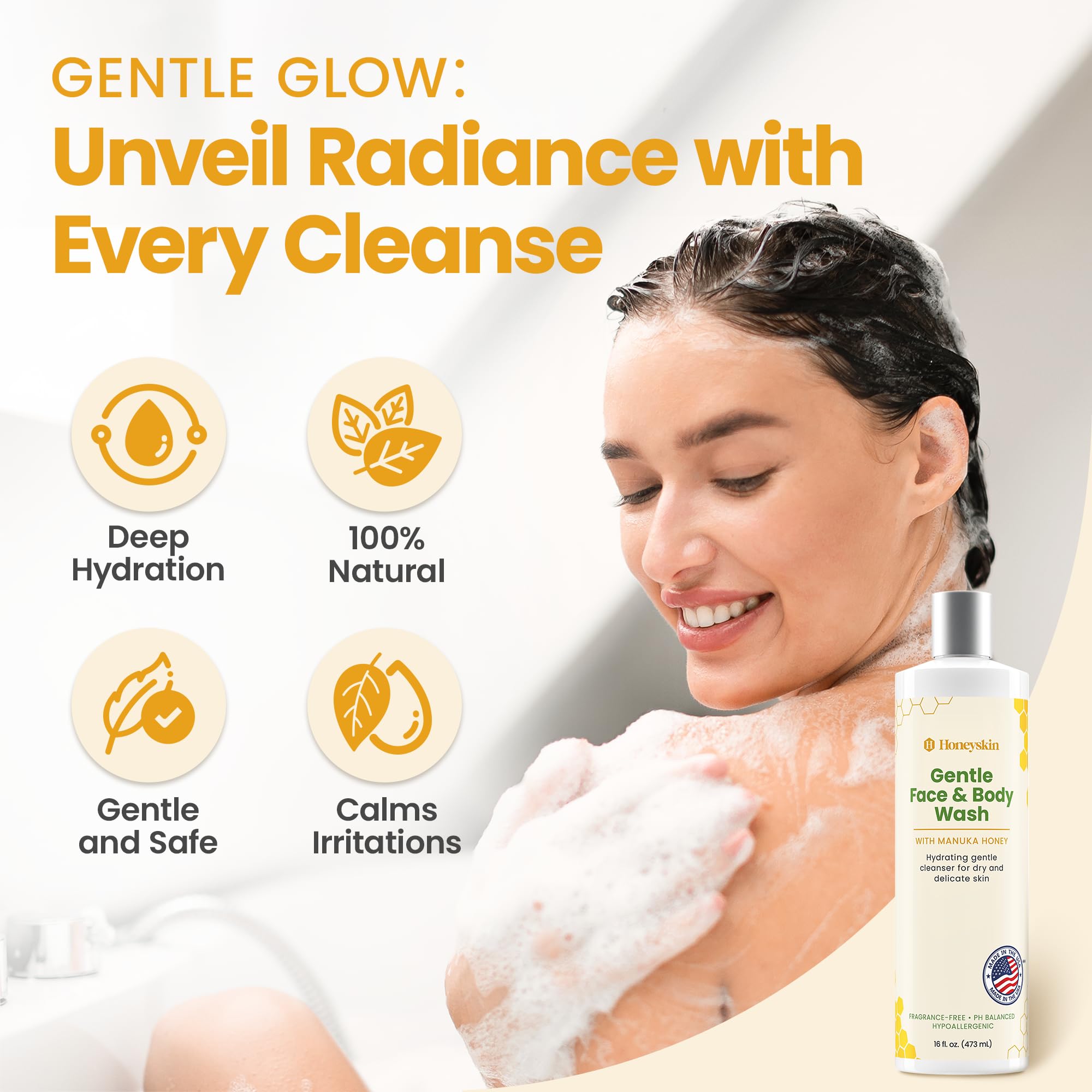Texture hydratante Honeyskin, laisse la peau douce après lavage.