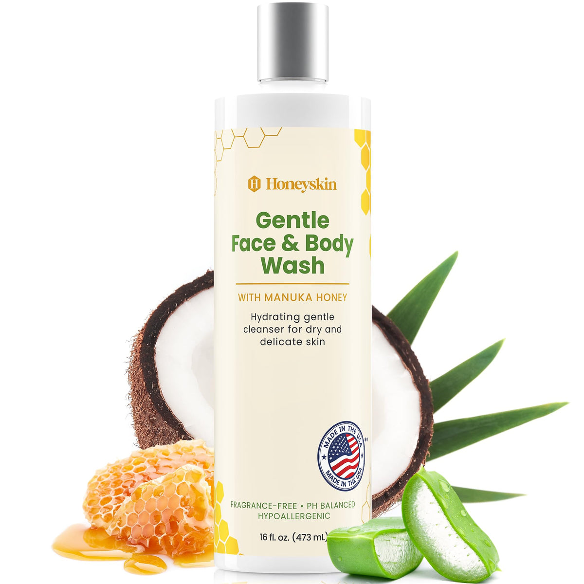 Honeyskin Lavage visage et corps, bouteille pratique pour hydrater quotidiennement.